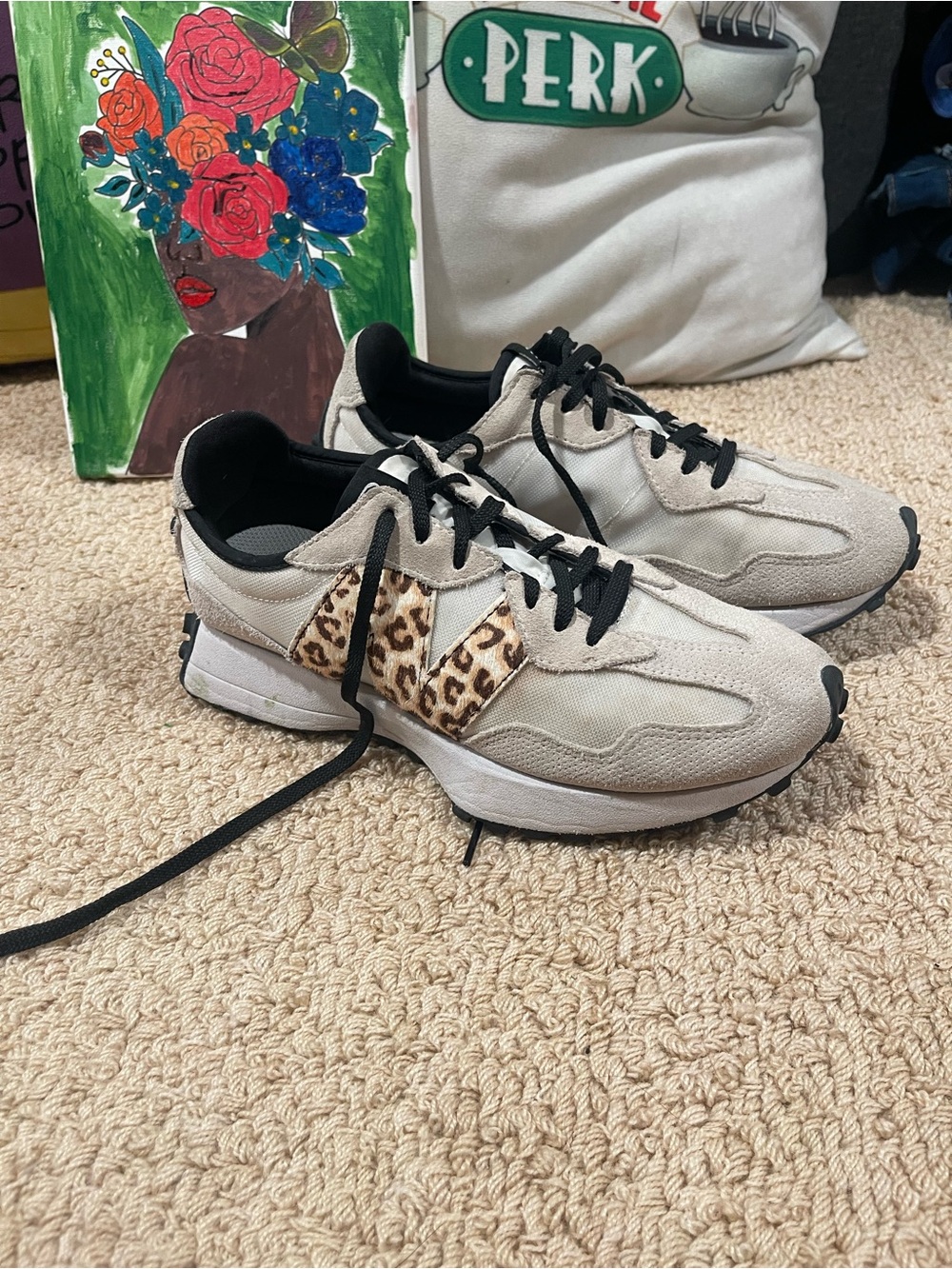 New Balance Beige Sneakers with Leopard Accent and Black Laces